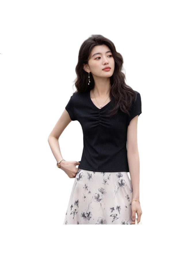 dme Summer Elegant V-Neck Pleated Slim Fit Short Sleeve Comfortable Women'S T-Shirt With Gentle Cloud Cotton - Image 3