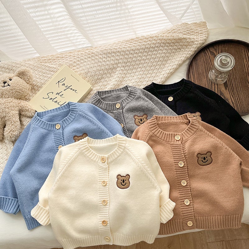 Kids Knit Cardigan Long Sleeve Spring Autumn Khakis  - Image 3