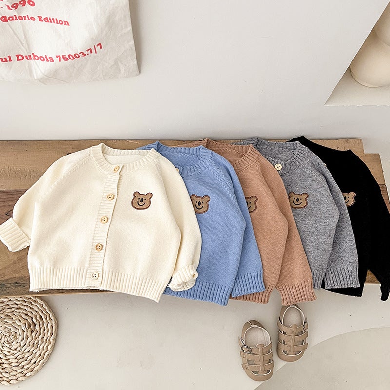 Kids Knit Cardigan Long Sleeve Spring Autumn Khakis  - Image 2