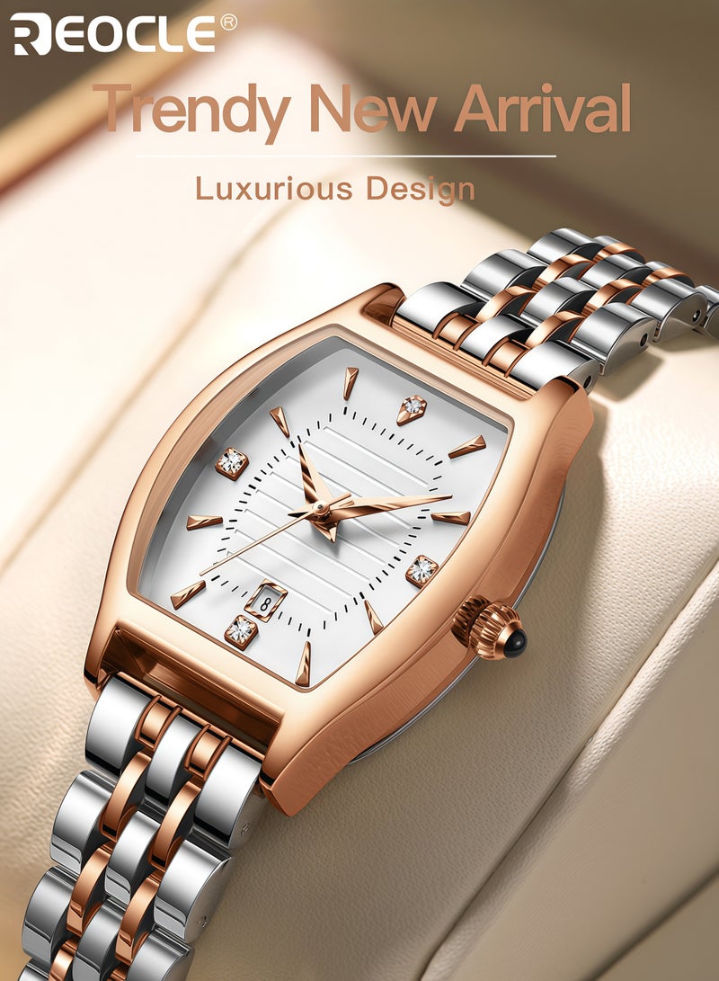 ريوكل ساعة نسائية أنيقة على شكل برميل مع أرقام عربية سهلة القراءة، ساعة فستان كلاسيكية للسيدات بتصميم أنيق للمناسبات الرسمية والاستخدام اليومي للنساء - Image 2