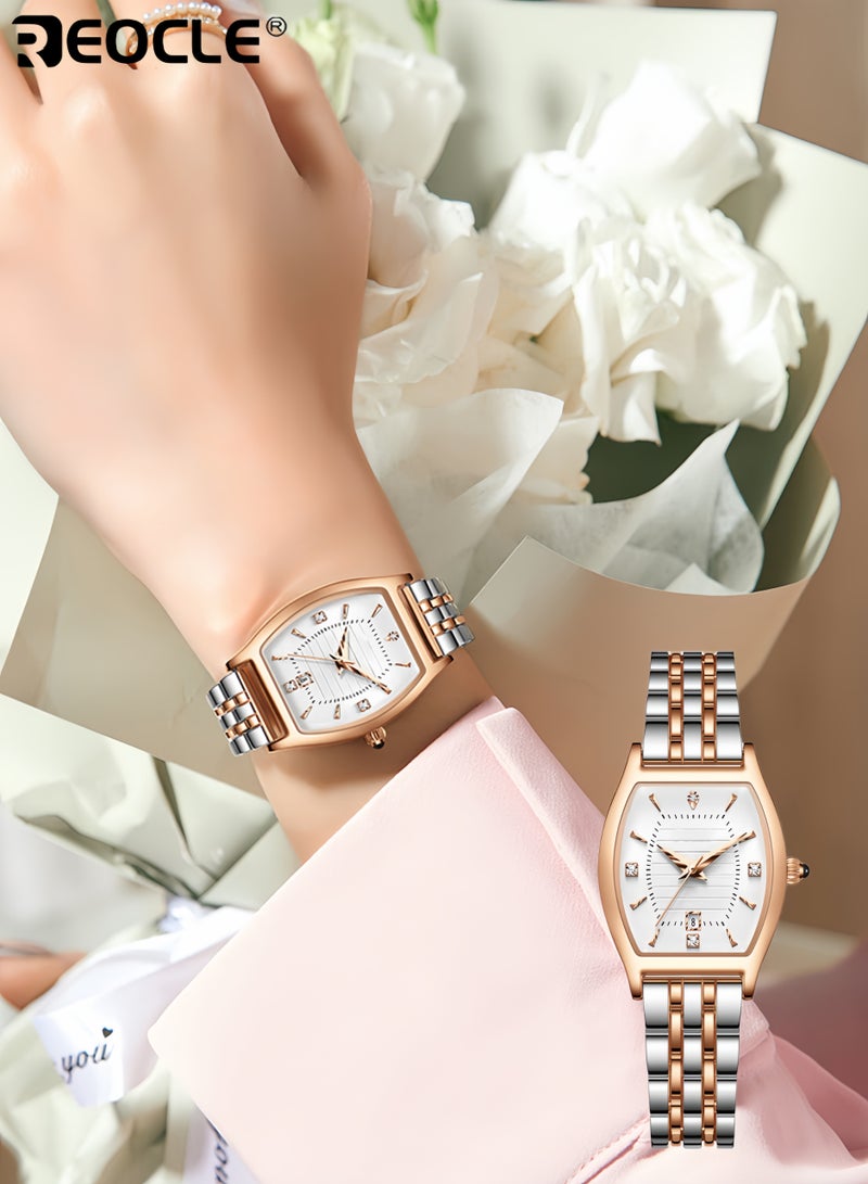 ريوكل ساعة نسائية أنيقة على شكل برميل مع أرقام عربية سهلة القراءة، ساعة فستان كلاسيكية للسيدات بتصميم أنيق للمناسبات الرسمية والاستخدام اليومي للنساء - Image 1