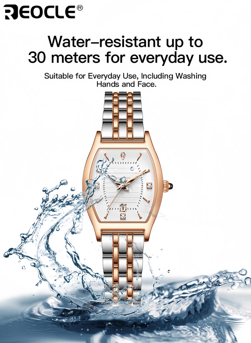 ريوكل ساعة نسائية أنيقة على شكل برميل مع أرقام عربية سهلة القراءة، ساعة فستان كلاسيكية للسيدات بتصميم أنيق للمناسبات الرسمية والاستخدام اليومي للنساء - Image 4