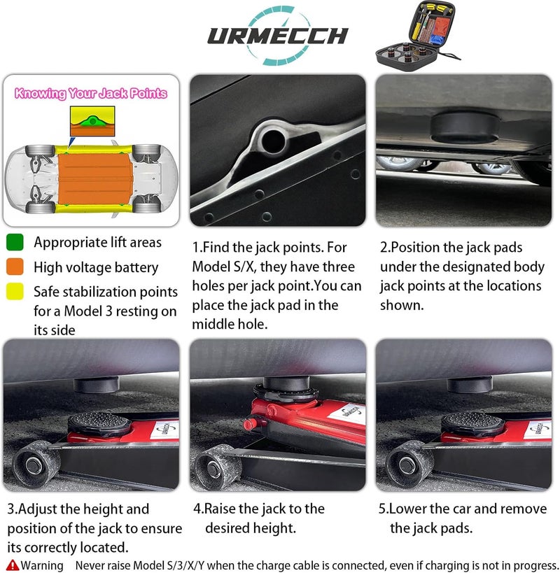 URMECCH Lifting Jack Pad for Tesla Model 3/Y/S/X - 4PCS Rubber Jack Pad Adapter Tool with Tire Repair Kit - Image 5
