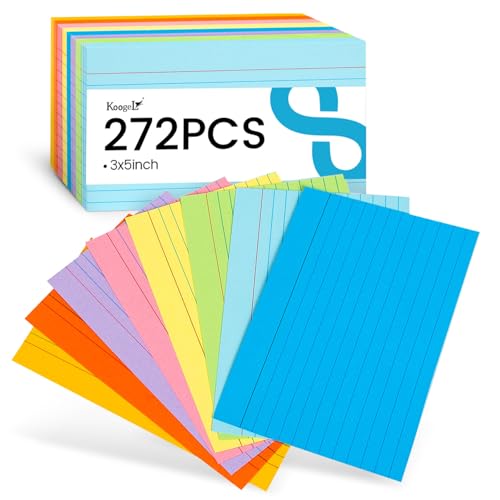 Koogel Index Cards 3x5, Colored Flash Cards for Studying, Heavy Weight Lined Notecard Ruled Note Taking for School College Office Home Supplies, 272 Count, 34 Pack of 8, 8 Colors - Image 1