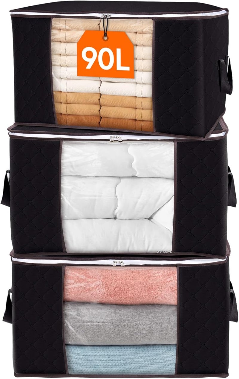 شنطة تخزين ملابس بسعة كبيرة ومقبض متين وقماش سميك للحاف والبطانيات واغطية السرير، قابلة للطي بسوستة قوية وفتحة شفافة، 3 قطع، سعة 90 لتر - Image 1