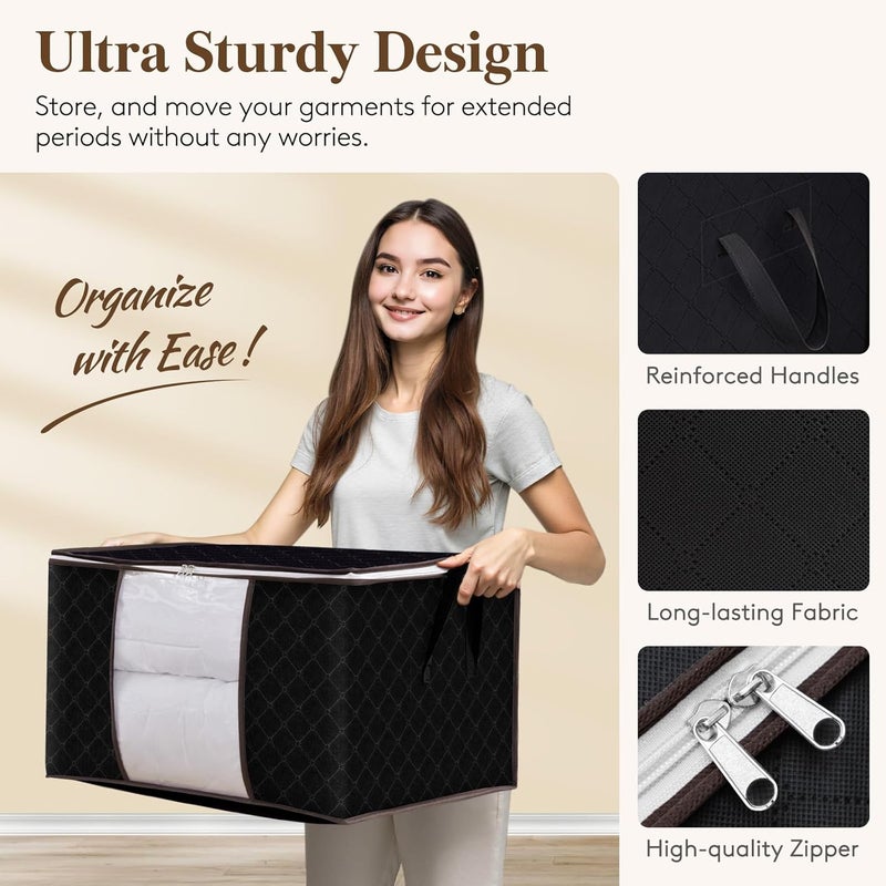 شنطة تخزين ملابس بسعة كبيرة ومقبض متين وقماش سميك للحاف والبطانيات واغطية السرير، قابلة للطي بسوستة قوية وفتحة شفافة، 3 قطع، سعة 90 لتر - Image 4