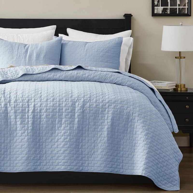 palassio Baby Blue 100% Cotton Quilt King Size Bedding Sets with 2 Pillow Shams, Textured Lightweight Soft Bedspread Shabby Chic Coverlet, Neutral Quilted Comforter Bed Cover for All Season, 3 Pieces - Image 1