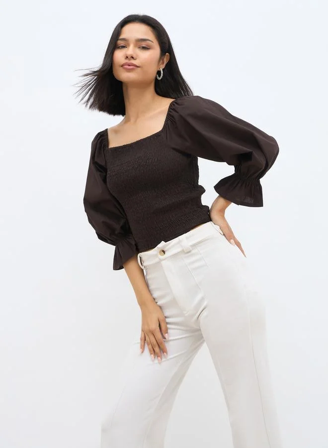 Styli Styli Balloon Sleeve Smocked Detail Top