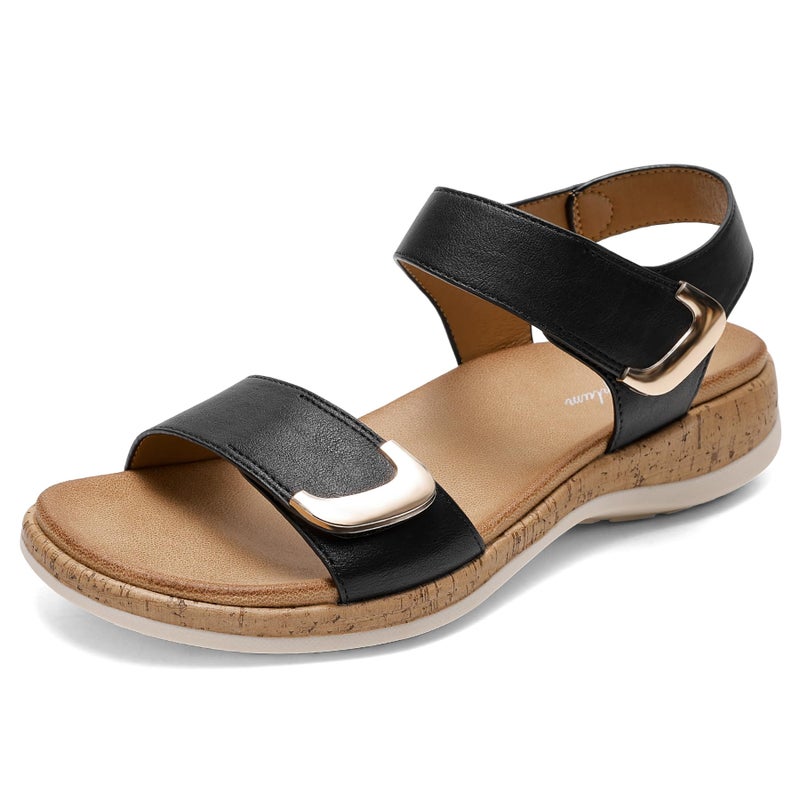 Littleplum Womens Sandals Arch Support Adjustable Comfy Flat Sandals for Women Summer Walking Shoes for Beach,Travel Black Size 8 - Image 1