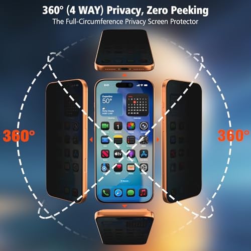 Elecshion 4 Way 360° Anti Spy for iPhone 17 Pro Privacy Screen Protector + Camera Lens Protector (2+2), Auto-Align Kit, 10X Military Shatterproof Anti Peep Tempered Glass Film for 17 Pro - Image 3