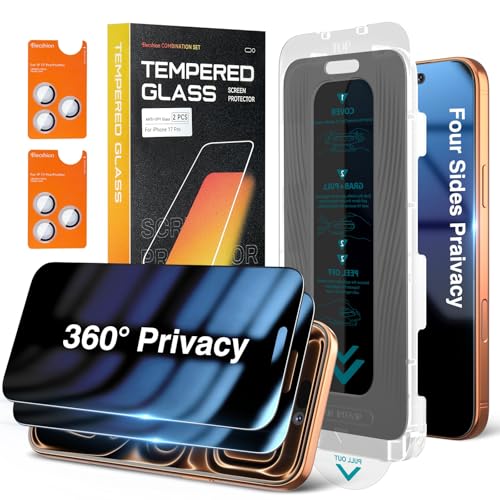 Elecshion 4 Way 360° Anti Spy for iPhone 17 Pro Privacy Screen Protector + Camera Lens Protector (2+2), Auto-Align Kit, 10X Military Shatterproof Anti Peep Tempered Glass Film for 17 Pro - Image 1