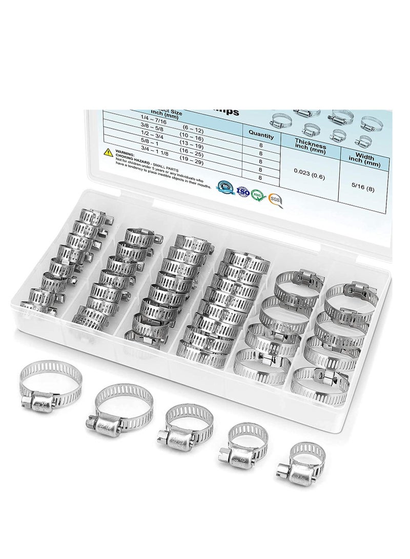 SYOSI Hose Clamp Set - 1/4''–1-1/8'' 304 Stainless Steel Worm Gear Hose Clamps for Pipe, Intercooler, Plumbing, Tube and Fuel Line (40PCS)  - Image 1