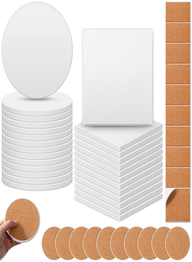 زوبيل مجموعة زوبيل المكونة من 48 قطعة من بلاط السيراميك لصنع قواعد الأكواب، تتضمن بلاطًا أبيض مربعًا ومستديرًا غير مزجج مع وسادة خلفية من الفلين لصنع الهدايا بنفسك (4 × 4 × 0.24 بوصة، مربع، مستدير). - Image 1