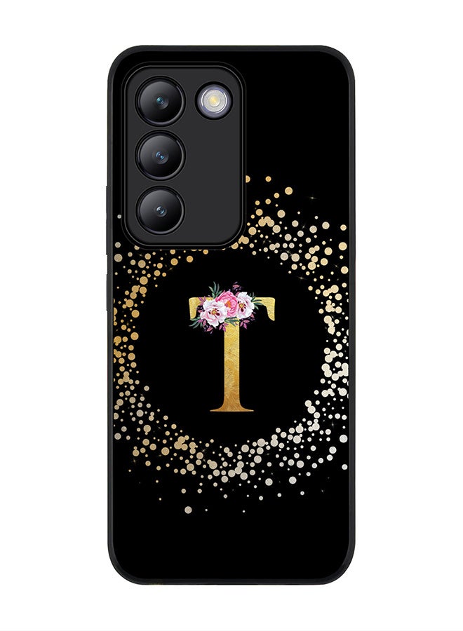 Stylizedd Rugged Black edge case for Vivo V30 Lite 5G, Slim fit Flexible Cover -  Custom Monogram Initial Letter Floral Pattern Alphabet - T ( Black ) - Image 1