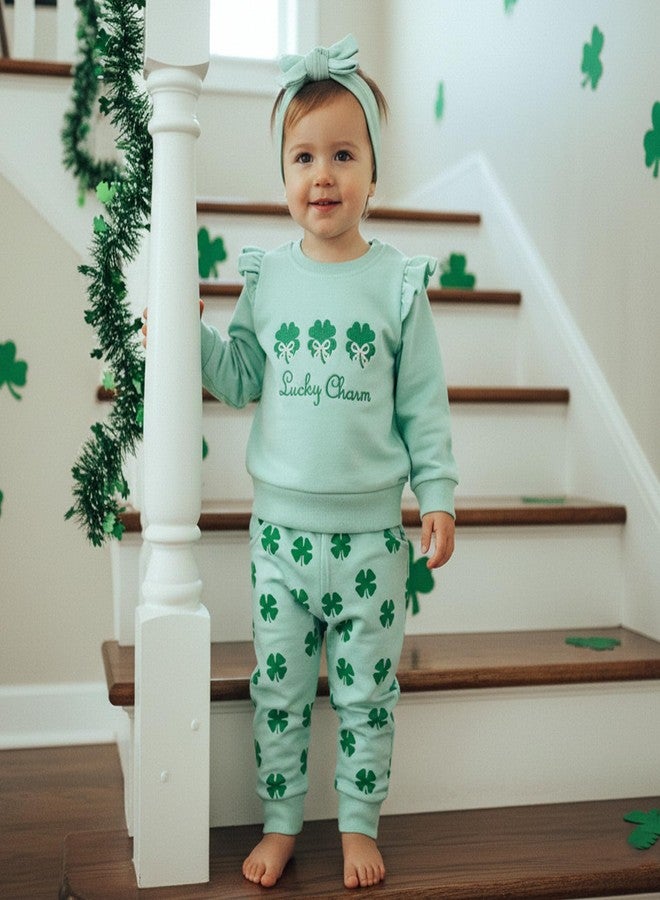 Bonangber St Patricks Day Toddler Girl Outfit Ruffle Sleeve Lucky Charm Crewneck Sweatshirt Pants Sets Toddler St Patricks Day Outfit Girl (A-Green,2-3T) - Image 4