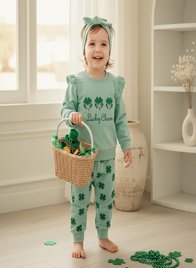 Bonangber St Patricks Day Toddler Girl Outfit Ruffle Sleeve Lucky Charm Crewneck Sweatshirt Pants Sets Toddler St Patricks Day Outfit Girl (A-Green,2-3T) - Image 3