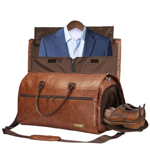 STOVER Garment Travel Duffle Bag, Large 2-in-1 Convertible Carry-on Luggage for Men & Women- Hanging Suits, Dresses & Clothes + Shoe Compartment- Weekender Tote Combo Duffel (Brown Leatherette) - Image 1