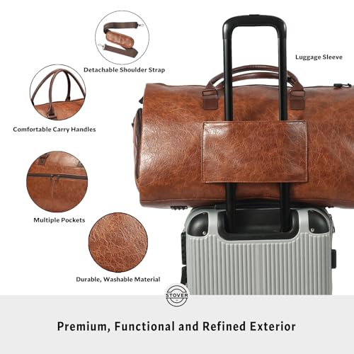 STOVER Garment Travel Duffle Bag, Large 2-in-1 Convertible Carry-on Luggage for Men & Women- Hanging Suits, Dresses & Clothes + Shoe Compartment- Weekender Tote Combo Duffel (Brown Leatherette) - Image 4