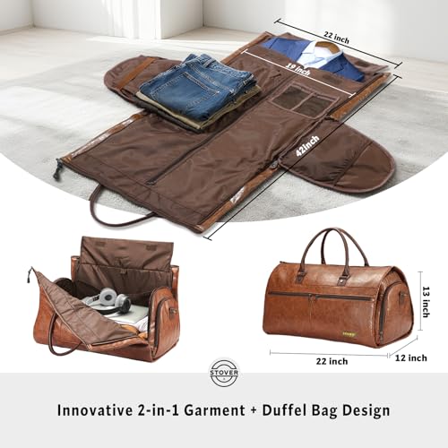 STOVER Garment Travel Duffle Bag, Large 2-in-1 Convertible Carry-on Luggage for Men & Women- Hanging Suits, Dresses & Clothes + Shoe Compartment- Weekender Tote Combo Duffel (Brown Leatherette) - Image 2