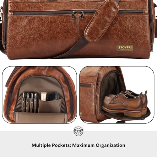 STOVER Garment Travel Duffle Bag, Large 2-in-1 Convertible Carry-on Luggage for Men & Women- Hanging Suits, Dresses & Clothes + Shoe Compartment- Weekender Tote Combo Duffel (Brown Leatherette) - Image 5