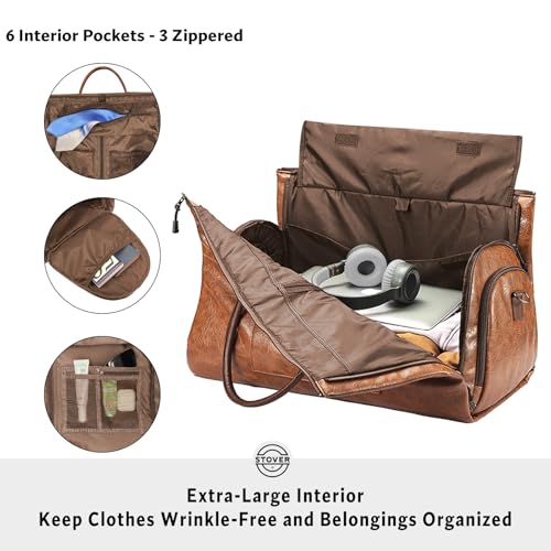 STOVER Garment Travel Duffle Bag, Large 2-in-1 Convertible Carry-on Luggage for Men & Women- Hanging Suits, Dresses & Clothes + Shoe Compartment- Weekender Tote Combo Duffel (Brown Leatherette) - Image 3