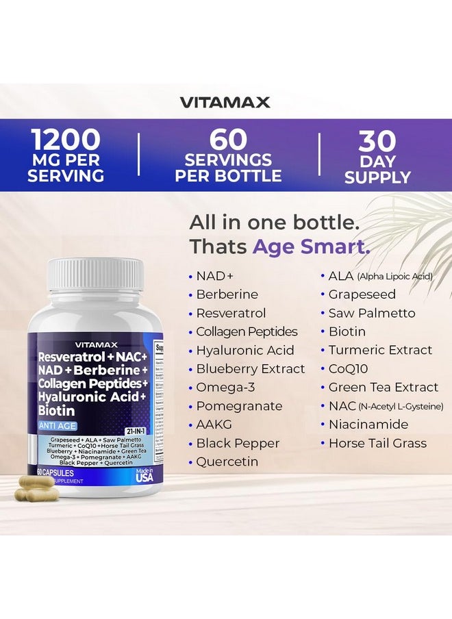 Vitamax - Vitamax Resveratrol NAD+ Berberine Hyaluronic Acid - Biotin Grape & Blueberry + NAC - Collagen Peptides - Hair, Nail, Skin & Joint Supplement - 21-in-1 Women and Men - Made in USA - 120 Count - Image 1
