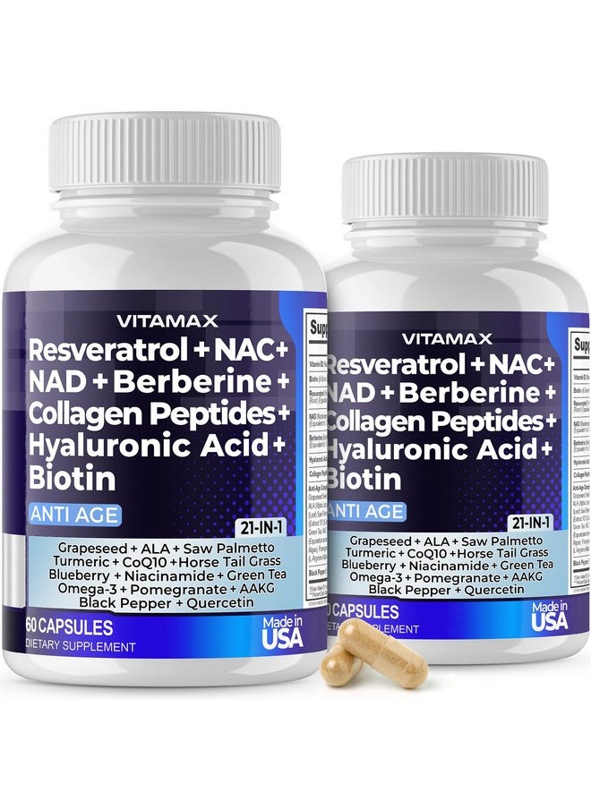 Vitamax - Vitamax Resveratrol NAD+ Berberine Hyaluronic Acid - Biotin Grape & Blueberry + NAC - Collagen Peptides - Hair, Nail, Skin & Joint Supplement - 21-in-1 Women and Men - Made in USA - 120 Count - Image 1