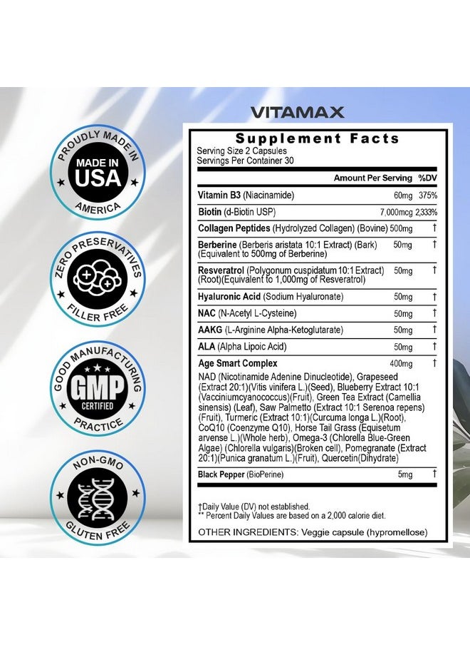 Vitamax - Vitamax Resveratrol NAD+ Berberine Hyaluronic Acid - Biotin Grape & Blueberry + NAC - Collagen Peptides - Hair, Nail, Skin & Joint Supplement - 21-in-1 Women and Men - Made in USA - 120 Count - Image 1