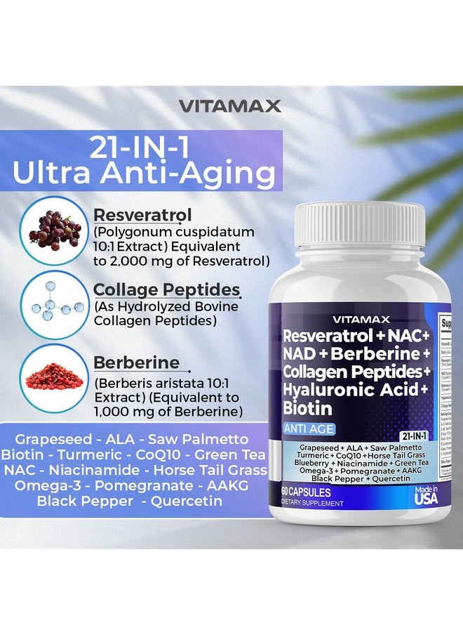 Vitamax - Vitamax Resveratrol NAD+ Berberine Hyaluronic Acid - Biotin Grape & Blueberry + NAC - Collagen Peptides - Hair, Nail, Skin & Joint Supplement - 21-in-1 Women and Men - Made in USA - 120 Count - Image 1