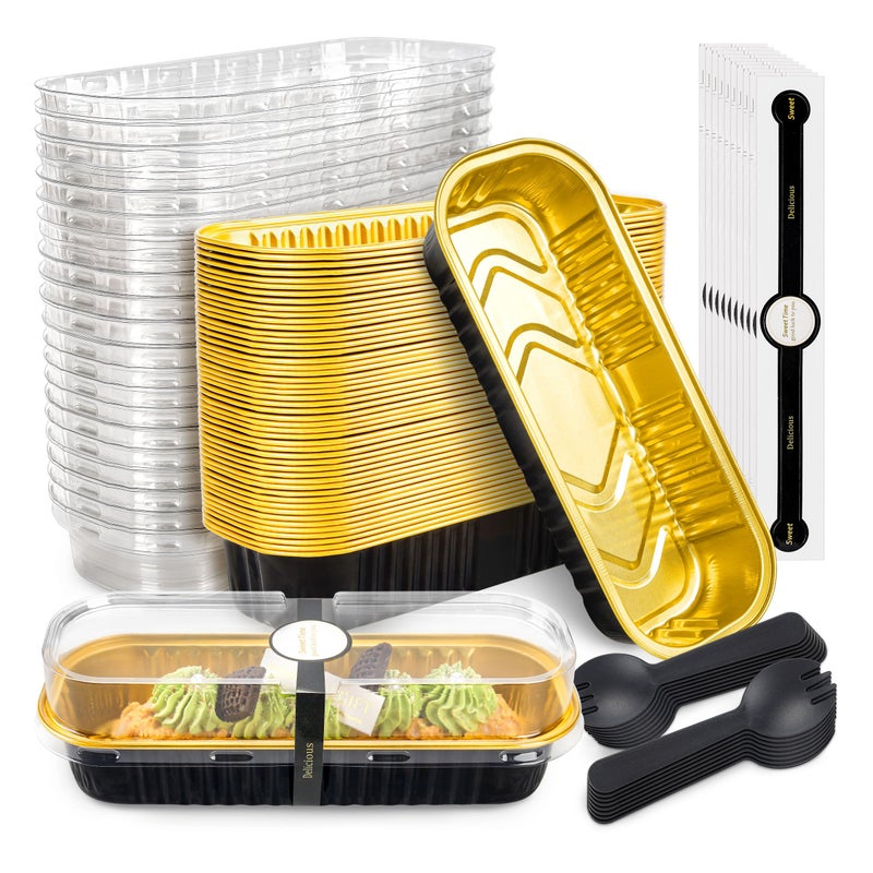 NPLUX 50 Pack Mini Cake Pans with Lids and Spoons Black Gold Rectangular Aluminum Foil Baking Pans Mini Cheesecake Containers68oz - Image 2