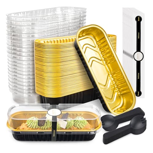 NPLUX 50 Pack Mini Cake Pans with Lids and Spoons Black Gold Rectangular Aluminum Foil Baking Pans Mini Cheesecake Containers68oz - Image 1