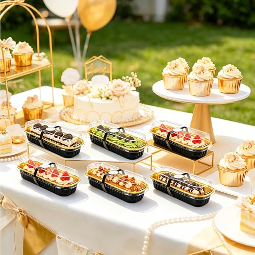 NPLUX 50 Pack Mini Cake Pans with Lids and Spoons Black Gold Rectangular Aluminum Foil Baking Pans Mini Cheesecake Containers68oz - Image 3