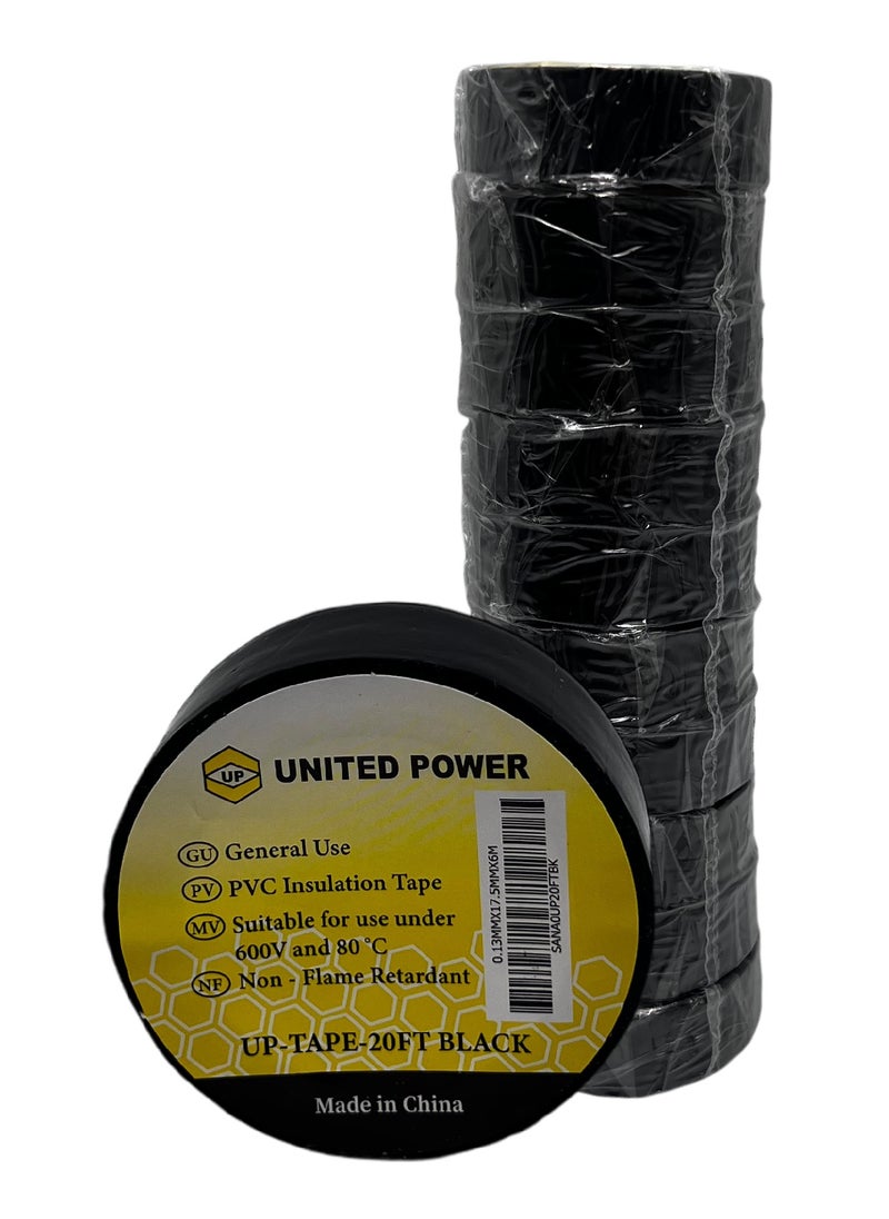 UNITED POWER PVC Electrical Tape - Insulating & Waterproof (10-Pack, Black) - 18mm x 20m - High-Quality Adhesive for Electrical Wiring, Repairs & DIY Projects  - Image 1