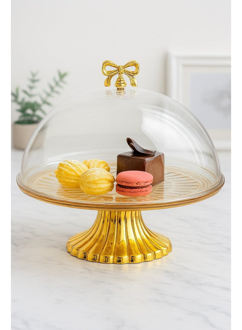 صحن كيك اكريليك شفاف بقاعدة مذهبة وغطاء - Image 1