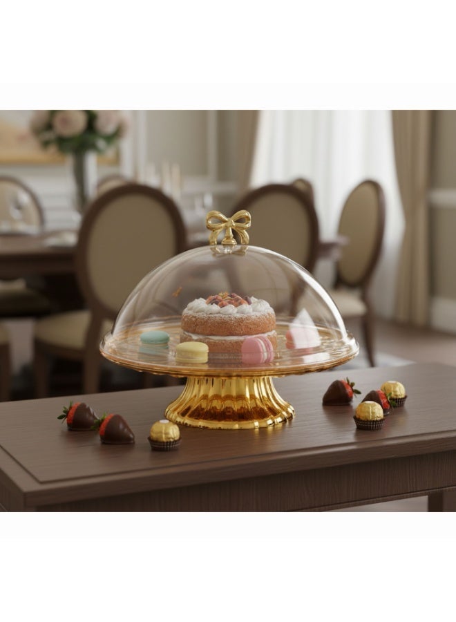 صحن كيك اكريليك شفاف بقاعدة مذهبة وغطاء - Image 2