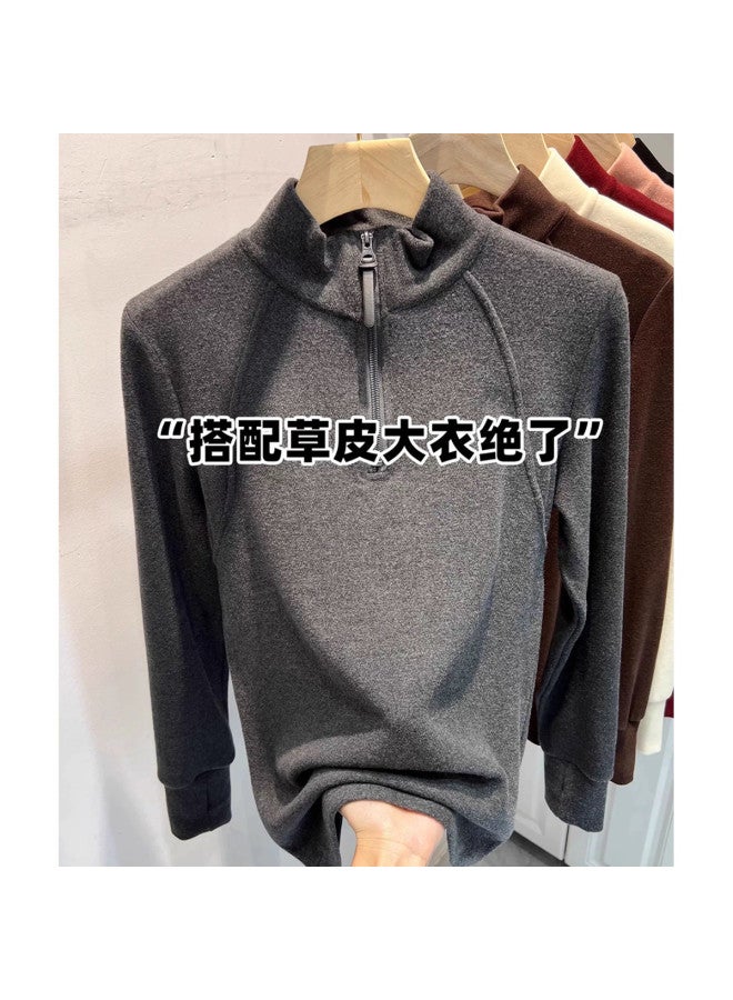 PLANDOO Semi-Zip Stand Collar Double-Sided Fleece Long Sleeve Sweatshirt Women'S Autumn Winter New Style Thickened Base Layer Top For Layering Or Outerwear - Image 2