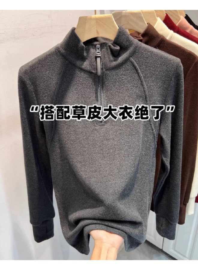 PLANDOO Semi-Zip Stand Collar Double-Sided Fleece Long Sleeve Sweatshirt Women'S Autumn Winter New Style Thickened Base Layer Top For Layering Or Outerwear - Image 1