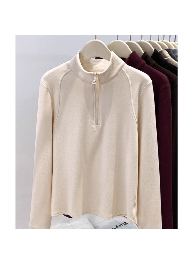 PLANDOO Semi-Zip Stand Collar Double-Sided Fleece Long Sleeve Sweatshirt Women'S Autumn Winter New Style Thickened Base Layer Top For Layering Or Outerwear - Image 5