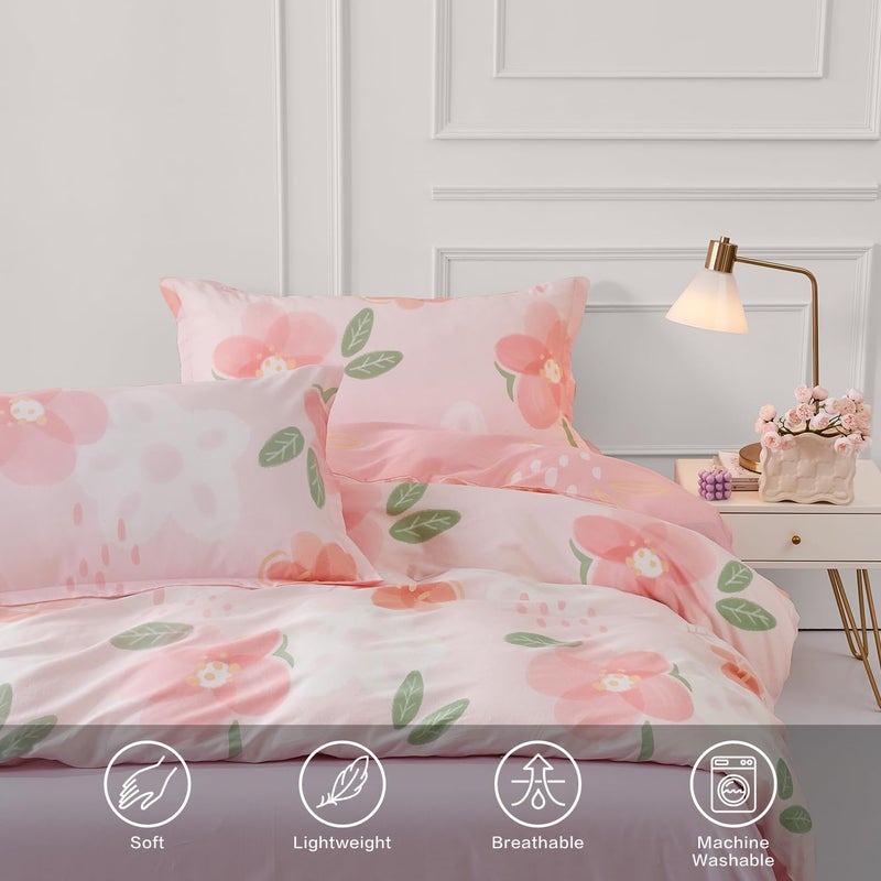 SAPHREAS Pink Floral Duvet Cover Set 3pcs Queen Size Garden Style Blossom Flower Printed Bedding Comforter Cover Set 100% Cotton 1 Duvet Cover 90"x90" 2 Pillow Shams, Comforter Not Included - Image 4