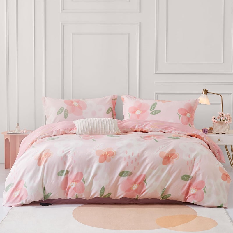 SAPHREAS Pink Floral Duvet Cover Set 3pcs Queen Size Garden Style Blossom Flower Printed Bedding Comforter Cover Set 100% Cotton 1 Duvet Cover 90"x90" 2 Pillow Shams, Comforter Not Included - Image 1