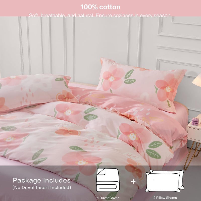 SAPHREAS Pink Floral Duvet Cover Set 3pcs Queen Size Garden Style Blossom Flower Printed Bedding Comforter Cover Set 100% Cotton 1 Duvet Cover 90"x90" 2 Pillow Shams, Comforter Not Included - Image 2