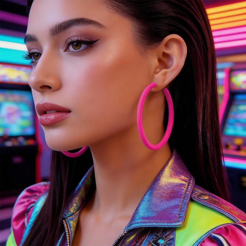 Novearring Hot Pink Hoop Earrings for Women Neon Hoop Earrings Exaggerated 80s 90s Colorful Chunky Earring for Women Party Outfits Jewelry Accessories - Image 3