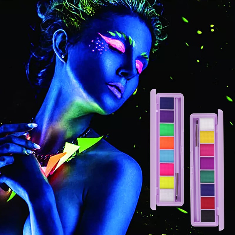 MEICOLY 2 Packs Water Activated Eye Liner Palette,Neon Face Paint Colored Retro Hydra Liner,Water Activated Eyeliner,Matte Graphic Eyeliner,UV Blacklight Glow Black White Face Body Paint,16 Colors - Image 2