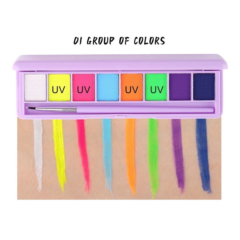MEICOLY 2 Packs Water Activated Eye Liner Palette,Neon Face Paint Colored Retro Hydra Liner,Water Activated Eyeliner,Matte Graphic Eyeliner,UV Blacklight Glow Black White Face Body Paint,16 Colors - Image 4