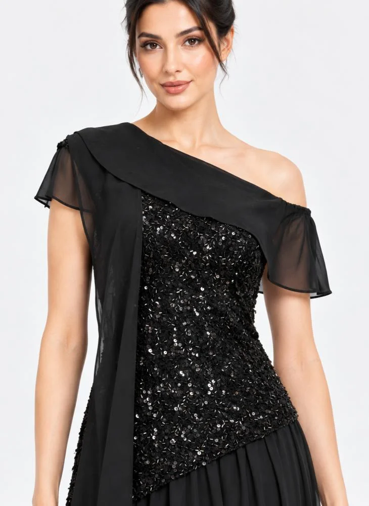 Opera Fashion Black Chiffon and Sequin Off-Shoulder Long Evening Dress