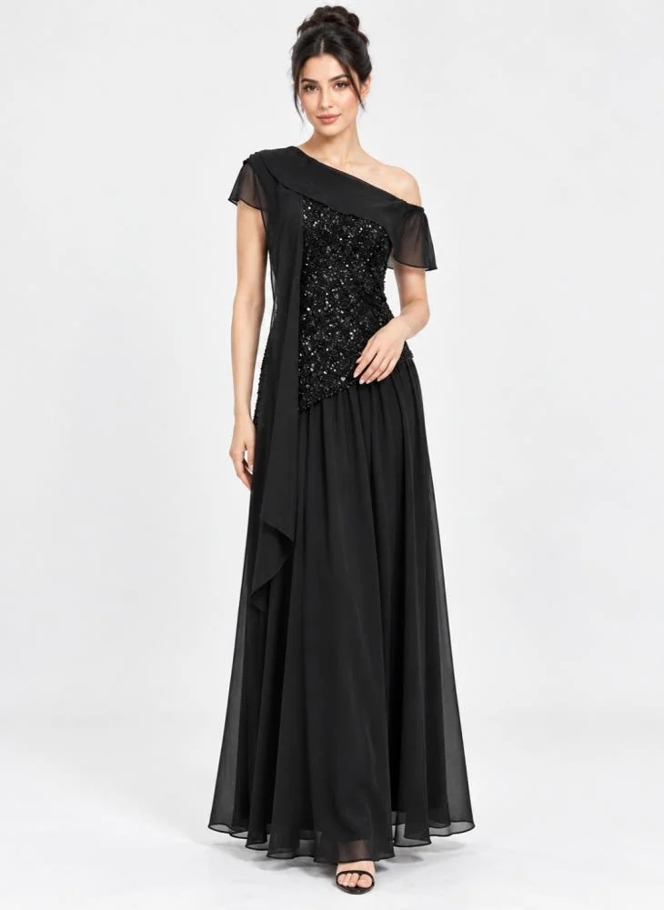 Opera Fashion Black Chiffon and Sequin Off-Shoulder Long Evening Dress