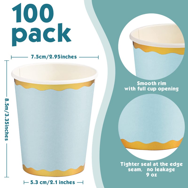 Funtery 100 Count Paper Cups Disposable Bridal Shower Cups Paper Cups for Wedding Holiday Picnic Party Coffee Beverage Tea(9 oz Light Blue) - Image 2