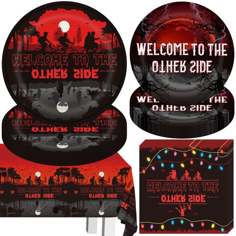 LANFUBEISI 41 Stranger Birthday Party Decorations Paper Plates of 2 Size, Napkins,42.5x70.8inch Waterproof Plastic Tablecloth Welcome to Other Side Birthday Party Tableware Set - Image 1