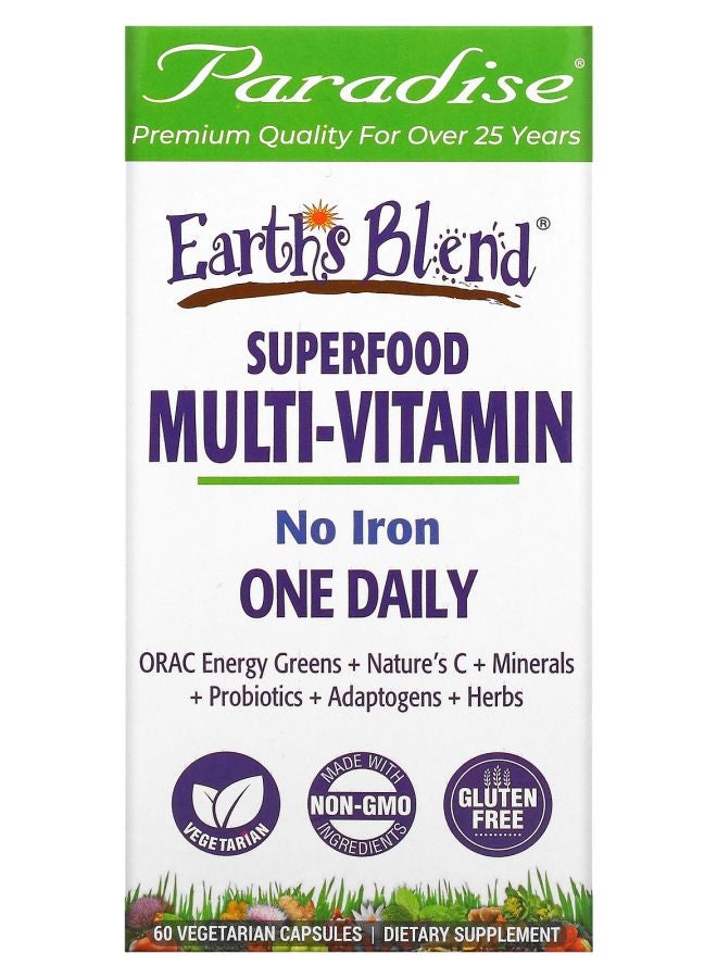 Paradise Herbs Earth's Blend One Daily Superfood Multi-Vitamin No Iron 60 Vegetarian Capsules
