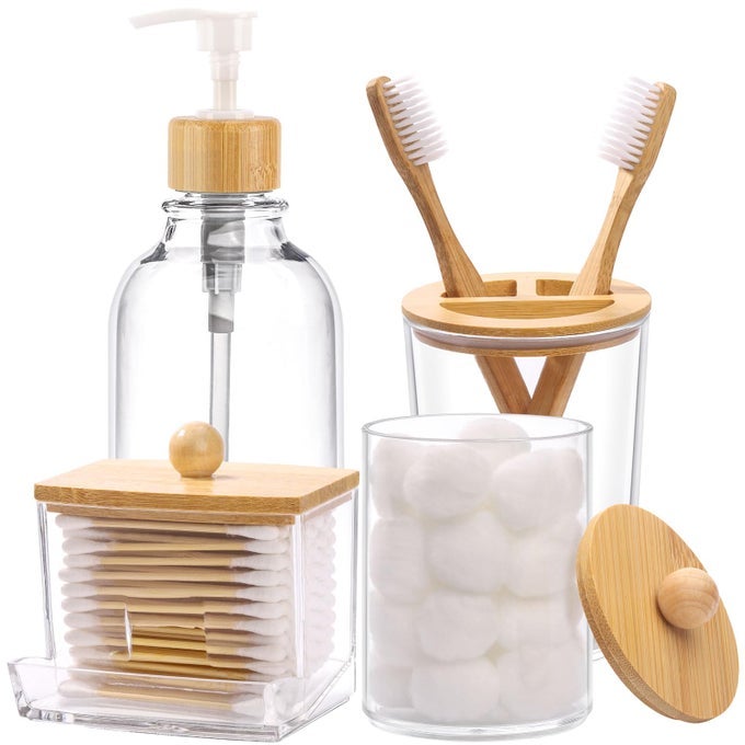 BAMBOO BATHROOM ACCESSORIES SET 4 PCS CLEAR TOOTHBRUSH HOLDER PLASTIC SOAP DISPENSER AND 2 QTIP HOLDER COTTON SWABPADBALL CONTAINER JAR